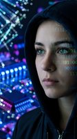 Young woman with green eyes and dark hair wearing black hoodie, face illuminated by digital code and neon blue-purple circuit board patterns, representing cybersecurity, hacking, artificial intelligence, and technology innovation.