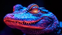 Close-up portrait of alligator head with vibrant neon blue and red lighting, showing detailed scales, sharp teeth, and piercing amber eye against dark background.