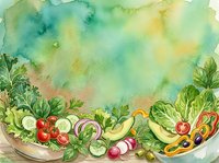 Fresh salad ingredients arranged in bowls with vibrant watercolor wash background, featuring tomatoes, cucumbers, peppers and leafy greens for healthy eating and nutrition concepts.