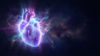 Glowing neon human heart with electric lightning energy surrounded by cosmic space nebula background for medical science and cardiology concepts.