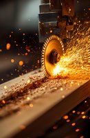Circular saw blade cutting metal with bright orange sparks flying in dark workshop environment. Industrial process captured in dramatic lighting.