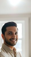 Portrait of a smiling man with dark hair and beard wearing a beige button-up shirt, photographed indoors with bright window light for business and professional use.