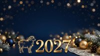 Goat symbol with 2027 numerals, golden decorations, snowflakes and bokeh lights on dark blue background for New Year celebration and festive design projects.