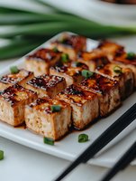 Grilled tofu cubes glazed with sweet and savory Asian sauce, garnished with fresh green onions on white rectangular plate. Close up view of vegan protein dish.