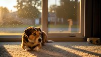 Adorable brown and white puppy lying on carpet in warm sunlight streaming through window, cozy indoor pet portrait for home and family content.