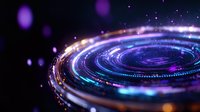 Futuristic digital spiral with glowing neon lights and particles on dark background for technology and sci-fi design projects.