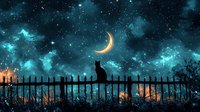 Black cat silhouette sitting on wooden fence under crescent moon and starry turquoise night sky with glowing clouds, mystical fantasy landscape scene.