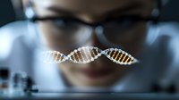 Glowing DNA helix molecule floating in dark laboratory setting with scientist in background wearing glasses studying genetic research structure.