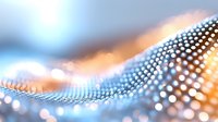 Futuristic glowing mesh wave with orange and blue gradient bokeh effect on blurred background, modern technology concept for digital presentations.