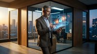 Mature businessman in formal suit holding tablet with digital security interface hologram in modern high-rise office overlooking city skyline at sunset, representing cybersecurity and technology solutions.