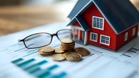 Stack of gold coins with eyeglasses and red miniature house model on financial chart background, representing real estate investment and property market analysis.