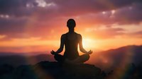 Person silhouette meditating in lotus pose during golden sunset with dramatic sky and mountain landscape for wellness and mindfulness concepts.
