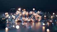 Glowing numbers 2026 created with fairy lights against dark background with bokeh effect and pine branches, festive new year celebration atmosphere.