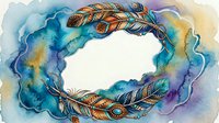 Watercolor feather wreath with tribal patterns on white background. Boho style frame with colorful plumes in blue, orange, purple tones for greeting cards.