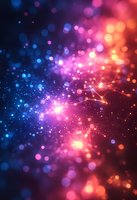 Vibrant cosmic background with glowing particles and constellation lines in blue, pink and orange colors creating magical space atmosphere for abstract designs.