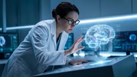 Female scientist examining holographic brain model in futuristic laboratory with advanced technology and digital displays for medical research and innovation.