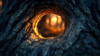 Mysterious glowing cave entrance with warm orange light illuminating rough rocky tunnel walls, creating dramatic contrast between dark stone and golden glow.