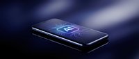 Smartphone displaying glowing artificial intelligence circuit board icon on dark screen, representing digital technology, machine learning, and smart device innovation for tech applications.