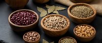 Assorted legumes and beans in wooden bowls on dark surface with burlap sack, featuring kidney beans, black-eyed peas, lentils and chickpeas for healthy cooking.