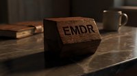 Wooden block with EMDR text on rustic desk surface for mental health therapy and psychological treatment concepts in warm office setting.