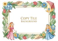 Fairy tale frame with princesses, flowers and houses creates magical border for children stories, invitations and fantasy designs on white background.