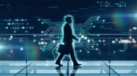 Professional businessman walking through futuristic digital interface with glowing circuit patterns and data visualization elements for modern technology concepts.