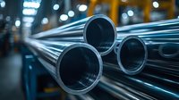 Shiny metal pipes stacked in industrial warehouse with selective focus on circular ends, showing manufacturing and metallurgy process in blue tones.