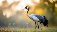 Elegant grey crowned crane with distinctive golden crest standing in grassy field during golden hour, showcasing its majestic profile against blurred natural background.