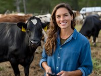 Female farmer in denim shirt smiling at camera with black cattle herd in rural pasture, representing agriculture, livestock farming, and countryside life.