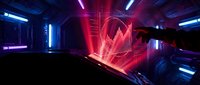 Futuristic hand touching a glowing red holographic data chart in a dark sci-fi corridor with neon blue lights and digital interface.