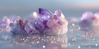 Amethyst crystal cluster with pink and purple hues on reflective surface with golden bokeh lights, creating magical healing atmosphere.