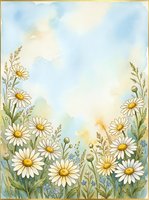 Watercolor daisy field border with soft blue sky, golden accents, and wildflowers, leaving copy space for greeting cards and invitations.