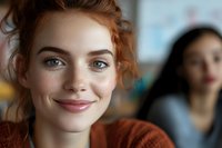 Young woman with reddish-brown curly hair and fair complexion smiling at camera in casual indoor setting with blurred colleague in background.