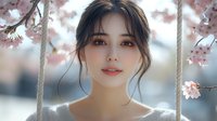 Young Asian woman with natural makeup and romantic hairstyle surrounded by delicate cherry blossoms in spring garden setting, soft dreamy atmosphere creates serene mood.