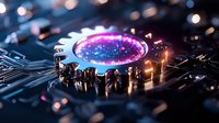 Glowing purple energy portal on futuristic circuit board with metallic elements and bokeh light effects, representing quantum computing and advanced technology.