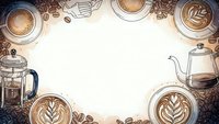 Coffee frame with latte art cups, french press and teapot on cream background. Perfect for cafe menus, coffee shop branding and beverage marketing materials.