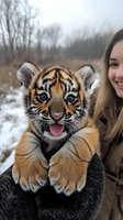 Adorable baby tiger cub with bright blue eyes and striped fur pattern smiling at camera while being held in winter setting with snowy background.