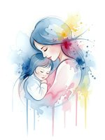 Tender watercolor mother holding sleeping newborn baby with colorful paint splashes and dripping effects on white background for motherhood designs.