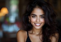Young mixed race woman with long dark wavy hair and bright white smile wearing black top against blurred background. Natural makeup and glowing skin showcase genuine joy.