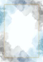 Elegant watercolor frame with soft blue and gray clouds surrounding white copy space for wedding invitations and greeting cards.
