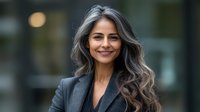 Middle-aged woman with natural gray hair and bright smile wearing black business suit jacket, standing outdoors with blurred urban background. Professional corporate portrait.
