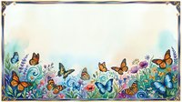 Watercolor butterfly garden border frame with colorful wildflowers and decorative swirls, soft pastel background with copy space for text.