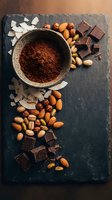 Cocoa powder in rustic bowl with dark chocolate pieces, mixed nuts and coconut flakes on slate board for baking and dessert preparation.