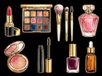 Luxury cosmetics collection with red lipstick, eyeshadow palette, makeup brushes, pink perfume bottle, blush, mascara, nail polish and serum isolated on transparent background. Ready for t-shirt design, clipart, stickers and print-on-demand products.