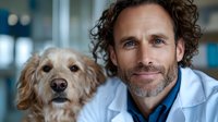 Caring veterinarian with curly hair and beard wearing white coat smiles while examining friendly mixed breed dog in modern veterinary clinic setting.