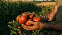 Farmer hands holding fresh ripe red tomatoes in vegetable garden during golden hour harvest time with corn field background for organic farming.