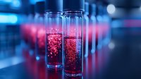Glass test tubes containing red glowing liquid in scientific laboratory with blue lighting. Multiple samples aligned in row showcase experimental research setup.