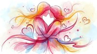Romantic couple silhouette embracing with flowing colorful watercolor hair and floating hearts on light background for love themed designs.