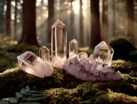 Clear quartz crystal points and amethyst clusters on moss in mystical forest setting with golden sunlight streaming through trees, creating magical atmosphere.