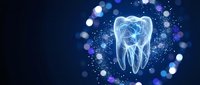 Glowing transparent tooth with neural network pattern on dark blue background with bokeh lights for dental technology and healthcare concepts.